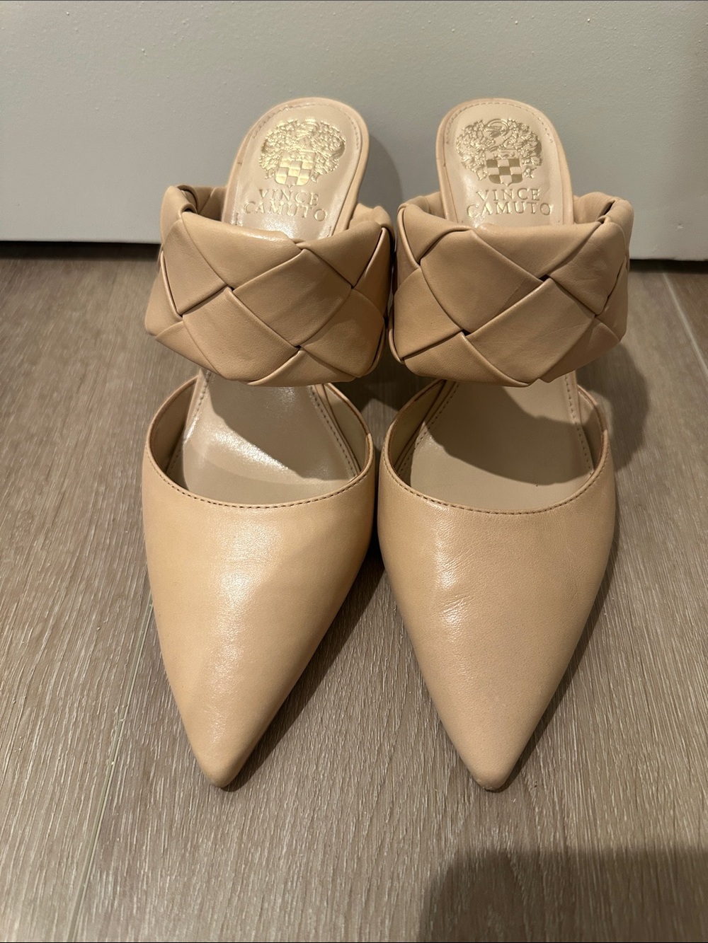 Vince Camuto Nude Braided-Strap Pointed Mules